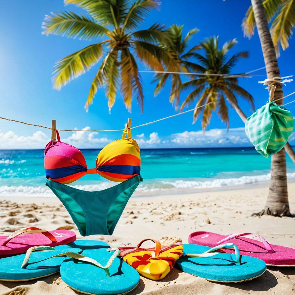 A colorful beach scene featuring a vibrant collection of bikinis hanging on a clothesline with a backdrop of palm trees and turquoise ocean waves. Include summer essentials like sunscreen, a beach towel, and flip-flops scattered around for added context. The image should evoke a sense of summer joy, relaxation, and vibrant beach life. super-realistic. bright colors. sandy beach background.