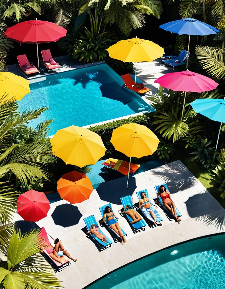 A vibrant scene showcasing a fashionable beach and poolside, featuring diverse models in trendy swimwear. Include colorful beach umbrellas, a sparkling pool, and tropical plants in the background. Highlight different swimwear styles like bikinis, one-pieces, and cover-ups, all radiating a fun summer vibe. Bright sunlight casts playful shadows, creating an inviting atmosphere. super-realistic. vibrant colors. tropical theme.